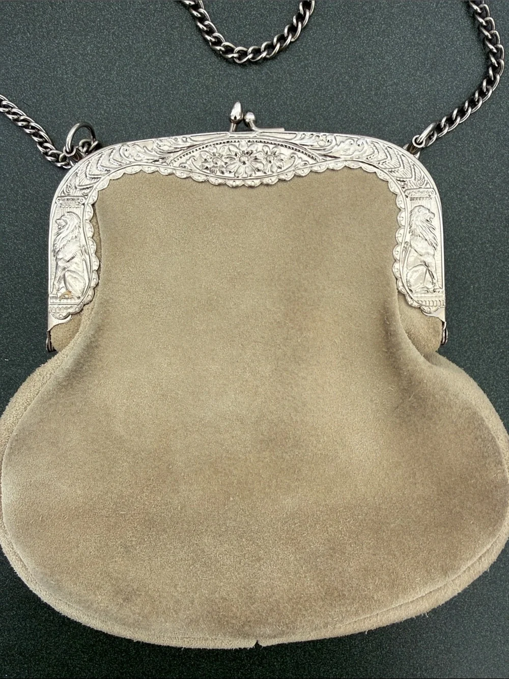 Vintage-Style Taupe beige Suede Evening Crossbody Bag with Silver Frame